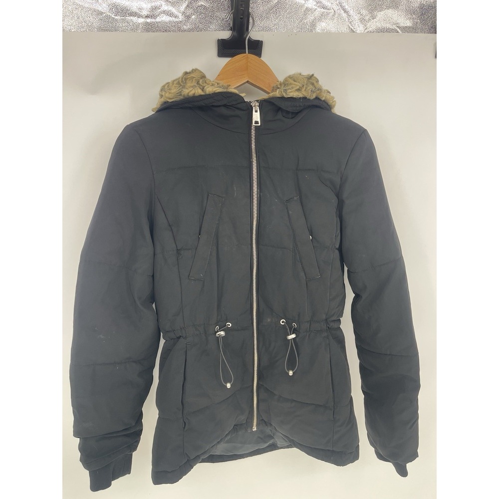 H&M‎ Divided Womens Size 4 Loose Light Black Hooded Long Puffer Jacket